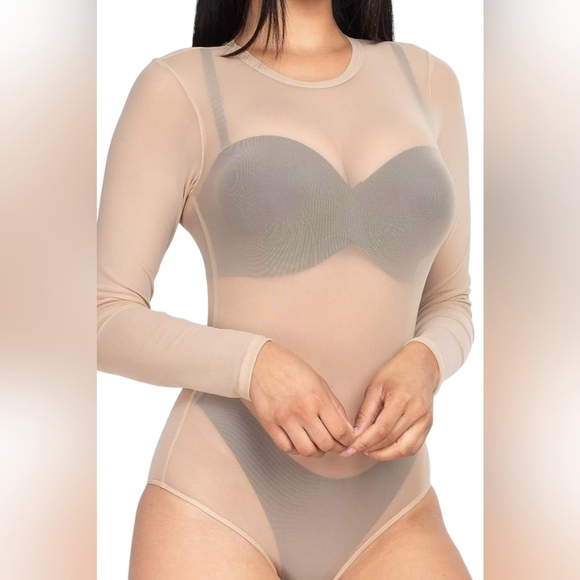 Women's Sheer Mesh Bodysuit Round Neck Long Sleeve Stretch Top - Picture 5 of 8